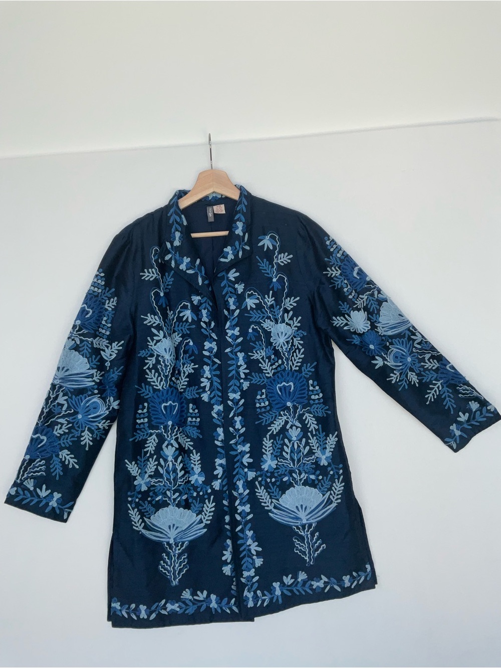 ANU Silk Embroidered Navy Blue Longline Blazer Jacket